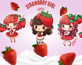 Cute Strawberry Girl Emote Collection Twitch, Discord, Channel Points, Streamer, Emoji, Cute, Stream, Chat, Dress, Chibi, Strawberry, Girl