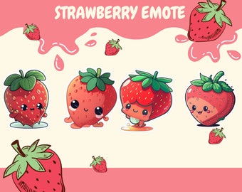 Chibi Cute Strawberry Emote Collection Twitch, Discord, Puntos de canal, Streamer, Emoji, Cute, Stream, Chat, Pink, Fruit, Chibi, Strawberry
