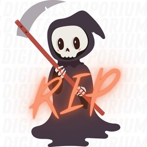 Op de afbeelding: Een cartoonillustratie van de Grim Reaper in een zwarte robe die een zeis vasthoudt. De Grim Reaper heeft een schedelgezicht met grote ogen en een vriendelijke uitdrukking. Het woord "RIP" is geschreven in oranje letters met een gloedeffect.