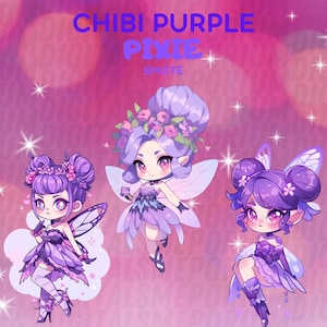 Chibi Purple Pixie Emote, Cute Chibi Fairy Emote, Purple Wings Emote, Purple Emote, Twitch Stream Emote, Discord Emote, Kick Stream Emote