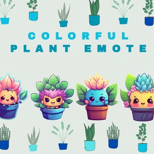 May include: Four colorful cartoon plant characters with happy faces. Each plant is in a pot and has a unique color scheme. The text "COLORFUL PLANT EMOTE" is at the top of the image.