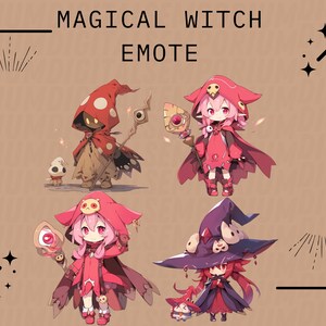 May include: Four different animated witch characters with red and purple clothing and hats. The characters are holding wands and are surrounded by stars. The text "MAGICAL WITCH EMOTE" is at the top of the image.