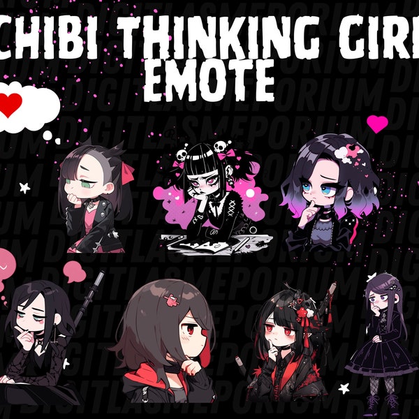 Chibi Thinking Anime Girl Emote, Goth Girl Emote, Confused Girl Emote, Kawaii Emote, Twitch Stream Emote, Discord Emote, Kick Stream Emote