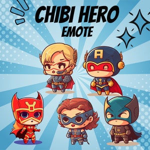 Può includere: Cinque personaggi di supereroi dei cartoni animati in stile fumetto. I personaggi indossano tutti costumi diversi e hanno espressioni diverse. Il testo "CHIBI HERO EMOTE" è in cima all'immagine.