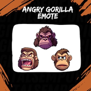 May include: Three cartoon gorilla faces with different expressions. The top gorilla has a serious expression with furrowed brows. The left gorilla has an angry expression with its mouth open. The right gorilla has a surprised expression with its eyes wide open.