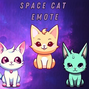 May include: Three cartoon cats with large eyes and different colored fur. The cats are sitting on a purple and pink background with stars. The text "SPACE CAT EMOTE" is at the top of the image.