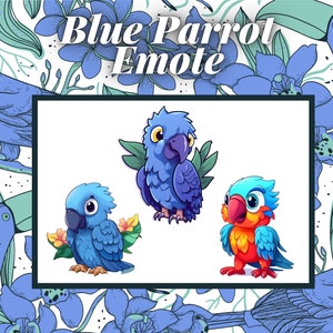 Puede incluir: Ilustración de tres loros de dibujos animados en varias poses. Los loros son principalmente azules, con acentos rojos, naranjas y amarillos. El fondo incluye ilustraciones florales azules y de tucanes, con el texto "Blue Parrot Emote" en la parte superior.