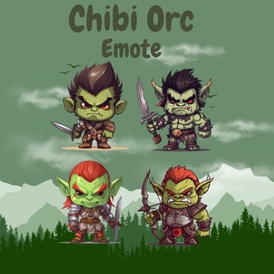 Puede incluir: Cuatro emojis chibi orcos verdes y rojos diferentes con varias armas y expresiones. Los emojis están colocados sobre un fondo verde y marrón con montañas y árboles.