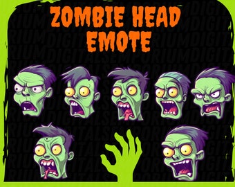May include: Set of seven cartoon zombie head emoticons with different expressions, including angry, surprised, and scared. The emoticons are green with yellow eyes and are set against a black background with green and orange text that reads "Zombie Head Emote".