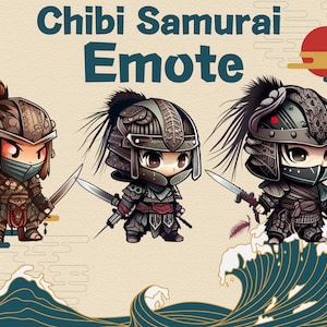 May include: Three chibi samurai characters with swords, wearing black and brown armor with intricate details. The characters are set against a background of blue and gold waves and a red sun.