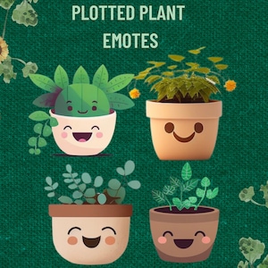 May include: Four potted plants with smiling faces. The plants are in different colored pots and have green leaves. The background is a green fabric.