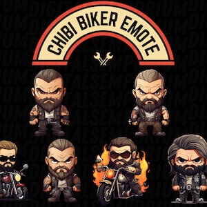 May include: A digital graphic featuring several chibi biker emotes. The emotes depict cartoon bikers with various expressions, beards, and biker attire. The image includes a banner that reads "Chibi Biker Emote" in a stylized font, with a wrench icon.