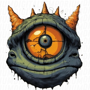 May include: A stylised illustration of a creature with a single large eye, a cracked orange iris, and a blue pupil. The creature has a green and blue body with two large horns on the top of its head.