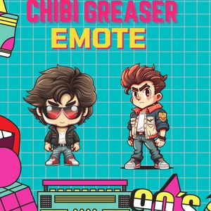 May include: Two cartoon characters in a 90s style, one with a leather jacket and sunglasses, the other with a denim jacket, standing in front of a boombox. The text "CHIBI GREASER EMOTE 90's" is above them.