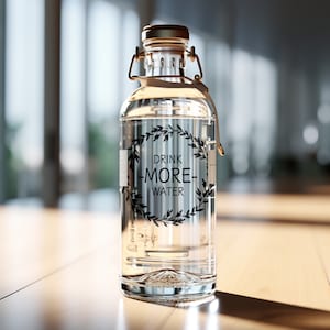 May include: A clear glass water bottle with a gold lid and a black and white label that says "Drink More Water" with a wreath design.