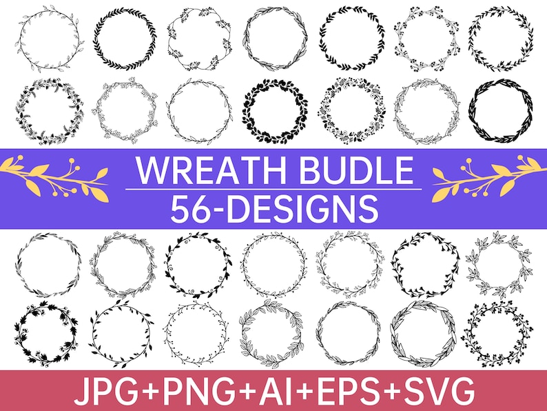 May include: A set of 56 black and white wreath designs. The wreaths are made of various floral elements and are perfect for adding a touch of elegance to any project.