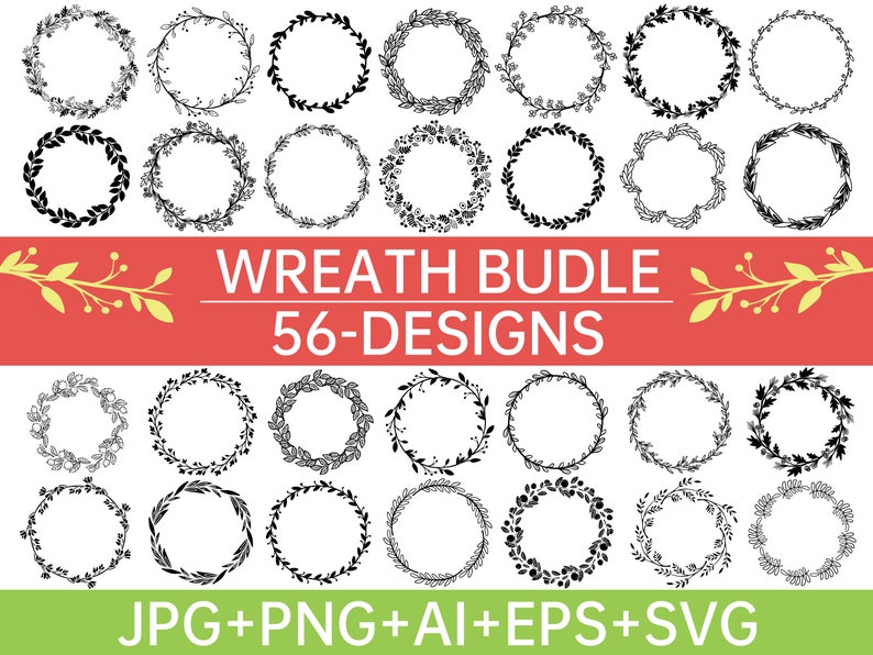 May include: A set of 56 black and white wreath designs. The wreaths are made of various floral elements and are perfect for adding a touch of elegance to any project.