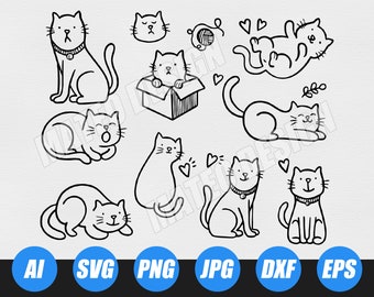 Cats, cute kittens, hand drawn, cartoon, animal, caricature-ai,svg,png,jpg,dxf,eps files included，Instant Digital Download