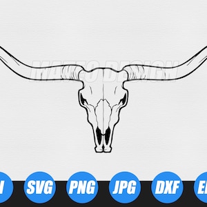 May include: Black and white line art illustration of a bull skull with large horns.