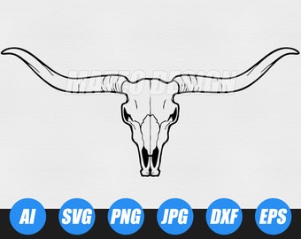 May include: Black and white line art illustration of a bull skull with large horns.