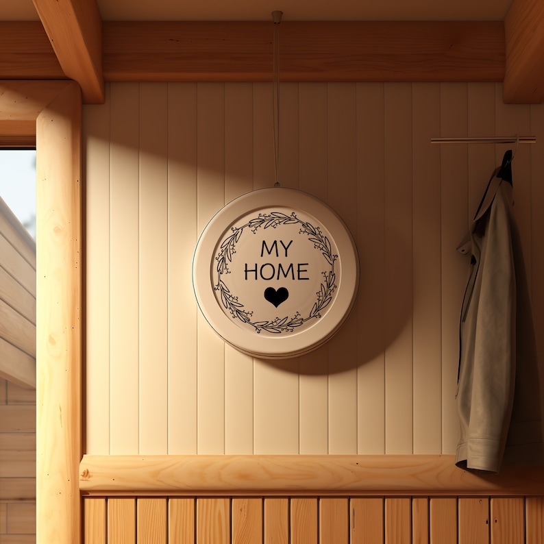 May include: White round sign with a black wreath and the text "MY HOME" with a black heart in the center. The sign is hanging on a light wood wall.