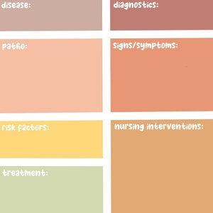 May include: A light brown, peach, yellow, green, orange, and blue chart with the headings "disease", "diagnostics", "patho", "signs/symptoms", "risk factors", "nursing interventions", "treatment", and "patient education".