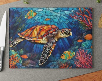 Sea Turtle Tempered Glass Cutting Board, Coastal Kitchen Decor