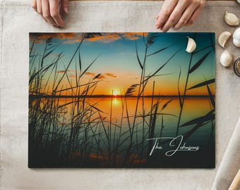 Custom Lake Glass Cutting Board, Personalized Lake House Charcuterie Serving Tray, Coastal Kitchen Decor