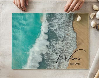 Custom Ocean Beach Glass Cutting Board, Charcuterie or Serving Board, Coastal Kitchen Decor, Housewarming, Anniversary, Gift for Mom