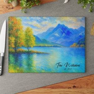 Custom Glass Cutting Board, Unique Kitchen Gift, Lake Charcuterie Board, Gift For Chef, Anniversary Gift, Wedding Gift, Kitchen Utensils