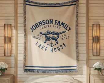 Custom Lake House Woven Blanket, Personalized Cotton Throw with Name, Sizes 50"x60", 60"x80"