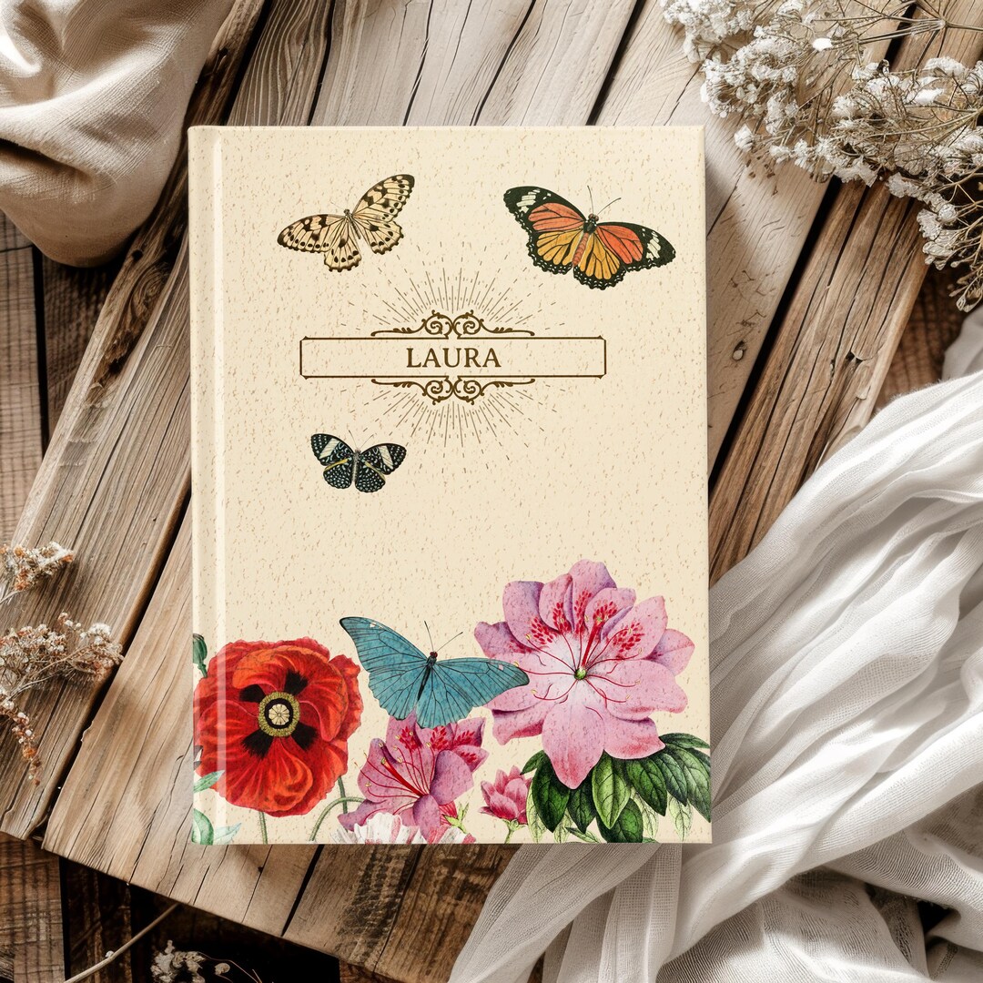 Personalized Hardcover Journal, Floral Butterfly Notebook, Custom Name ...