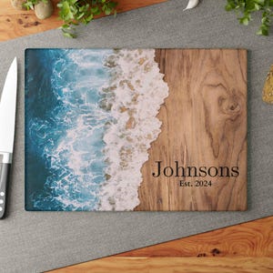 Custom Ocean Beach Glass Cutting Board, Charcuterie or Serving Board, Coastal Kitchen Decor, Housewarming, Anniversary, Gift for Mom