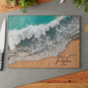 Personalized Ocean Beach Glass Cutting Board, Coastal Kitchen Decor, Custom Charcuterie Board, Housewarming Gift, Beach House Wedding Gift