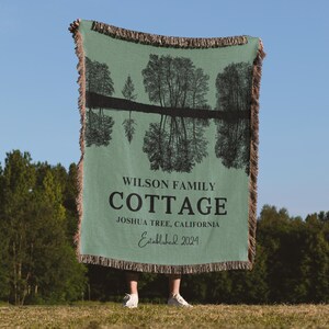 Custom Cottage Woven Throw Blanket, Personalized Name Throw, Rustic Cabin Decor, Cozy Cotton Blanket, Housewarming Gift, Cottage Home Accent