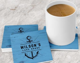 Personalized Lake House Coasters – Set of 4 Soapstone Drink Coasters, Rustic Lake Cabin Decor, Housewarming Gift for Lake Lovers