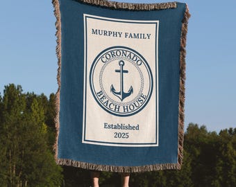 Custom Beach House Blanket, Personalized Coastal Throw with Name, Nautical Home Decor, Ocean Cottage Blanket, Housewarming Gift, Beachy Gift