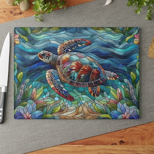 Sea Turtle Glass Cutting Board, Faux Stained Glass Chopping Board, Kitchen Decor, Charcuterie Serving Board, Beach House Decor 8" x 11"