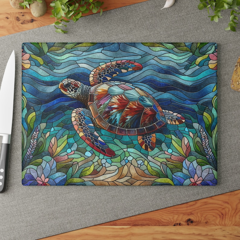 Sea Turtle Glass Cutting Board, Faux Stained Glass Chopping Board, Kitchen Decor, Charcuterie Serving Board, Beach House Decor 8" x 11"