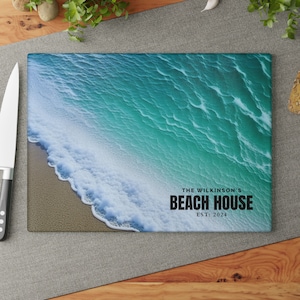 Custom Ocean Beach Glass Cutting Board, Charcuterie or Serving Board, Coastal Kitchen Decor, Housewarming, Anniversary, Gift for Mom