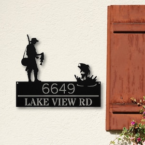 Custom Fishing Cabin Metal Address Sign, House Number Plaque, Personalized Lake House Sign, Outdoor Fisherman Decor, Unique Fishing Gift