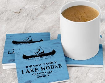 Personalized Lake House Coasters – Set of 4 Soapstone Drink Coasters, Rustic Lake Cabin Decor, Housewarming Gift for Lake Lovers