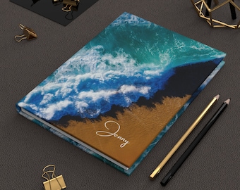 Personalized Ocean Wave Hardcover Journal, Custom Beach Notebook, Custom Name Lined Notebook, Personalized Gifts For Her, Gift For Mom