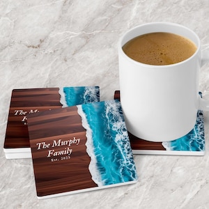 Personalized Beach House Coasters – Set of 4 Rustic Drink Coasters, Custom Coastal Decor, Housewarming Gift, Beach Lover Gift