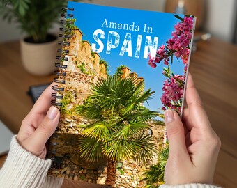 Personalized Spain Spiral Notebook, Custom Spanish Lined Travel Journal, 118 ruled line pages (59 sheets)