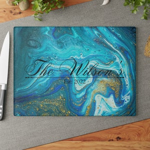 Personalized Abstract Ocean Glass Cutting Board, Kitchen Gift For Mom, Charcuterie Serving Board, Housewarming Gift, Anniversary Gift