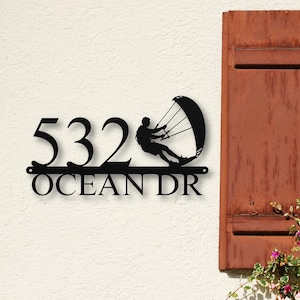 Custom Metal Kite Surfer Address Sign, Beach Housewarming Gift, Personalized House Number Sign, Coastal Yard Decor, Nautical Outdoor Sign
