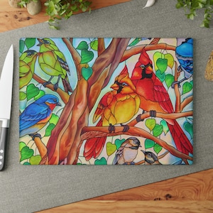 Cardinal Glass Cutting Board, Bird Kitchen Decor, Charcuterie Board, Unique Chef Gift, Anniversary or Wedding Kitchen Gift