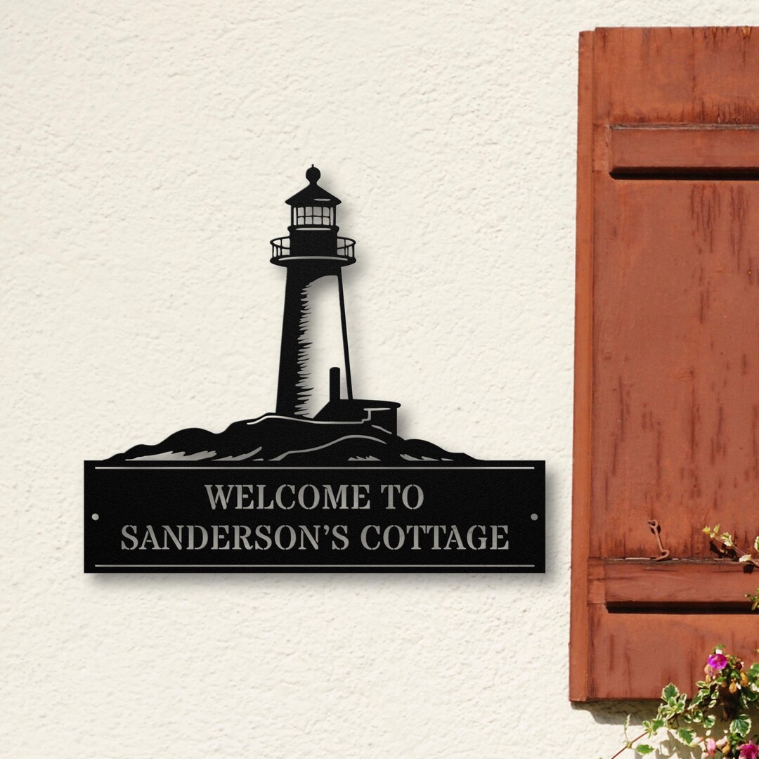 Custom Lighthouse Metal Sign, Personalized Beach Cottage Decor, Coastal ...