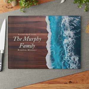 Custom Ocean Beach Glass Cutting Board, Charcuterie or Serving Board, Coastal Kitchen Decor, Housewarming, Anniversary, Gift for Mom